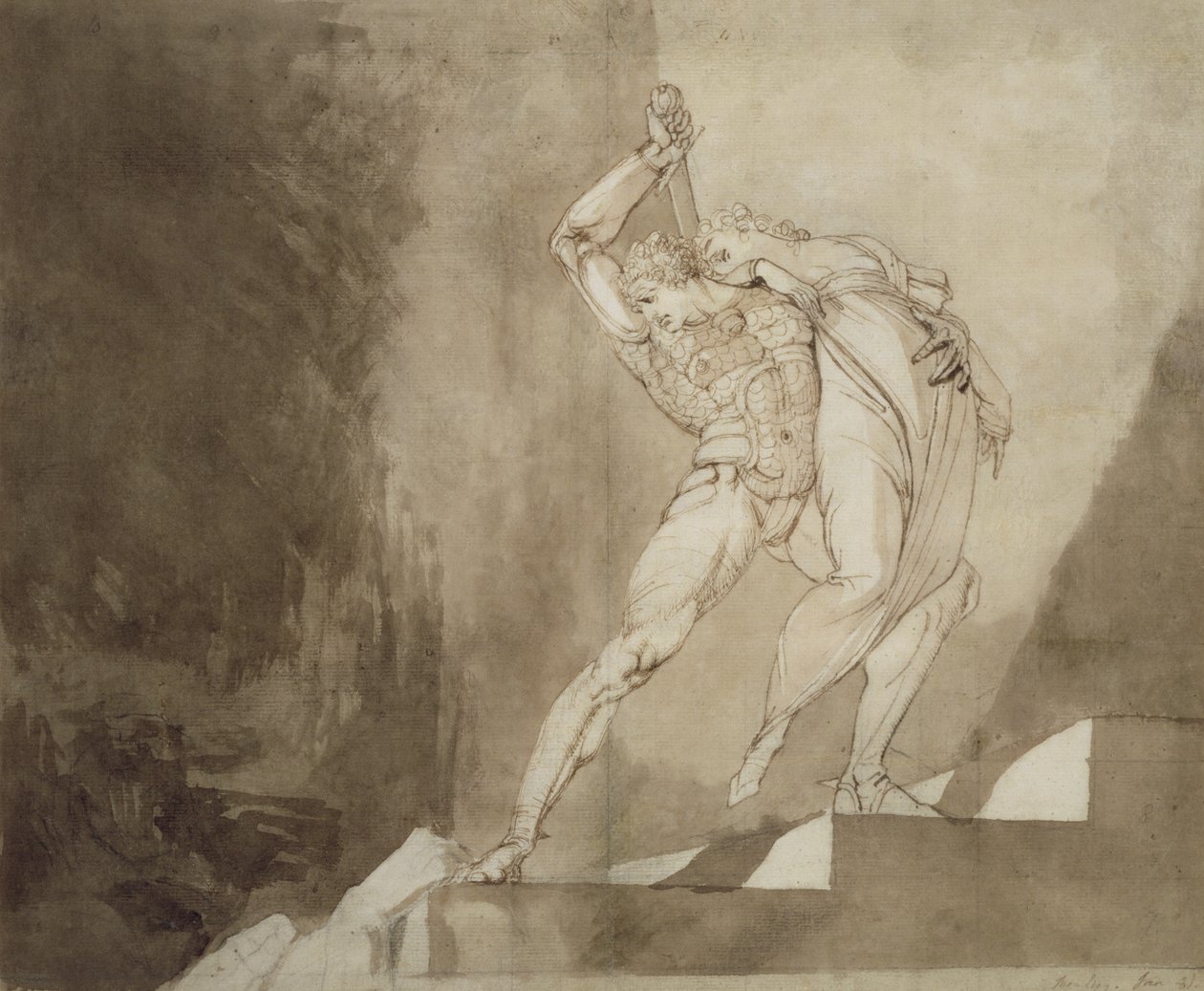 A Warrior Rescuing a Lady, 1780-85 (penna, bläck och tvätt på papper) av Johann Heinrich Füssli