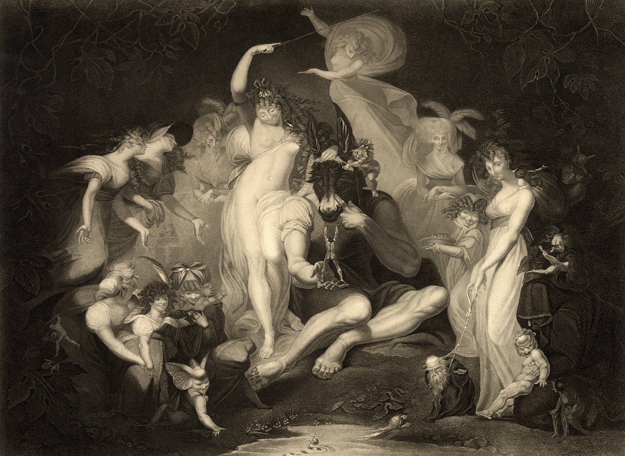 Scen från akt IV, scen I av A Midsummer Nights Dream av William Shakespeare (1564-1616) graverad av J.P. Simon för Boydell Shakespeare Company av Johann Heinrich Füssli
