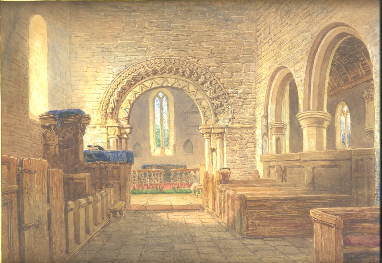 Inuti mittkyrkan i St Martins kyrka, Holt, Worcestershire, med blick österut mot koret. av Henry Harris Lines