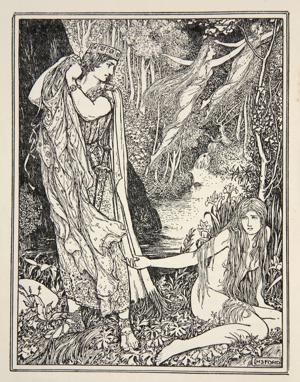 Kung Athamas stjäl Nepheles kläder så att hon inte kan flyta iväg med sin syster, från "Tales of the Greek Seas" av Andrew Lang, 1926 (bläck på papper) av Henry Justice Ford