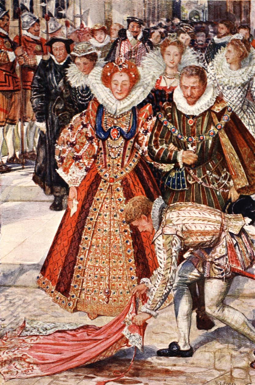 Walter Raleigh kastar ner sin kappa för drottning Elizabeth, illustration från "Kenilworth" av Sir Walter Scott, publicerad 1912. av Henry Justice Ford