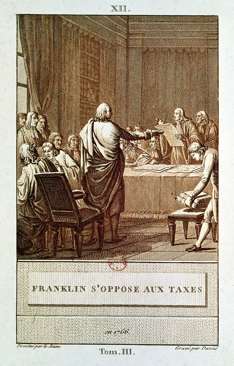 Benjamin Franklin presenterar sin opposition mot skatterna 1766, graverad av David av Henry Le Jeune