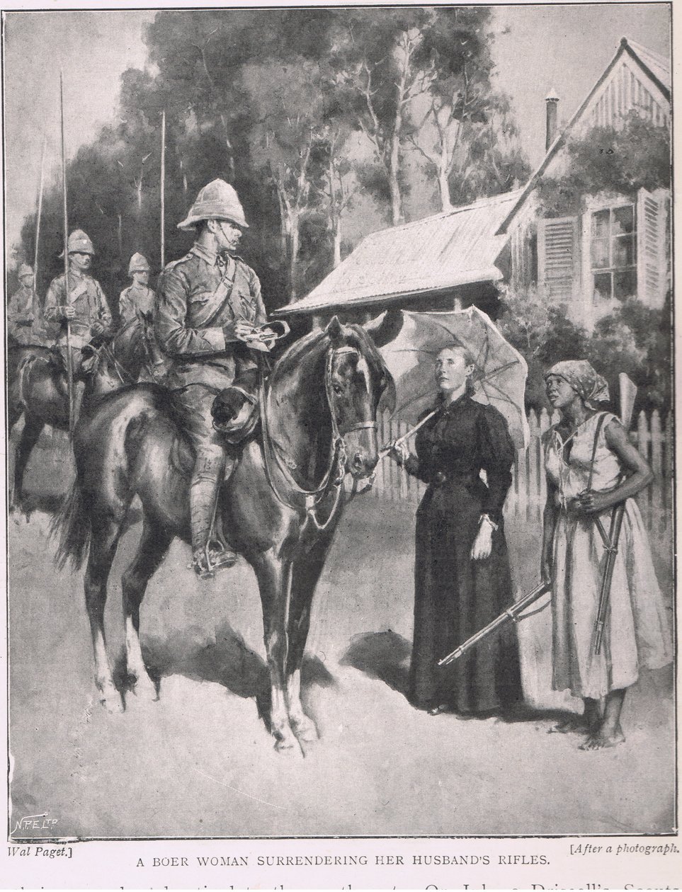 En boerkvinna som överlämnar sin mans gevär. av Henry Marriott Paget