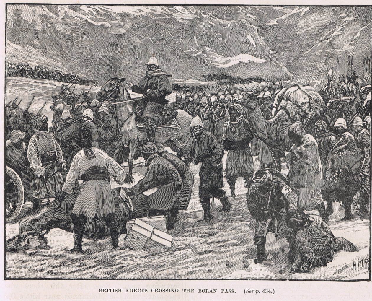 Brittiska styrkor som korsar Bolanpasset, illustration från Cassells "Illustrated History of England", publicerad ca 1910 av Henry Marriott Paget