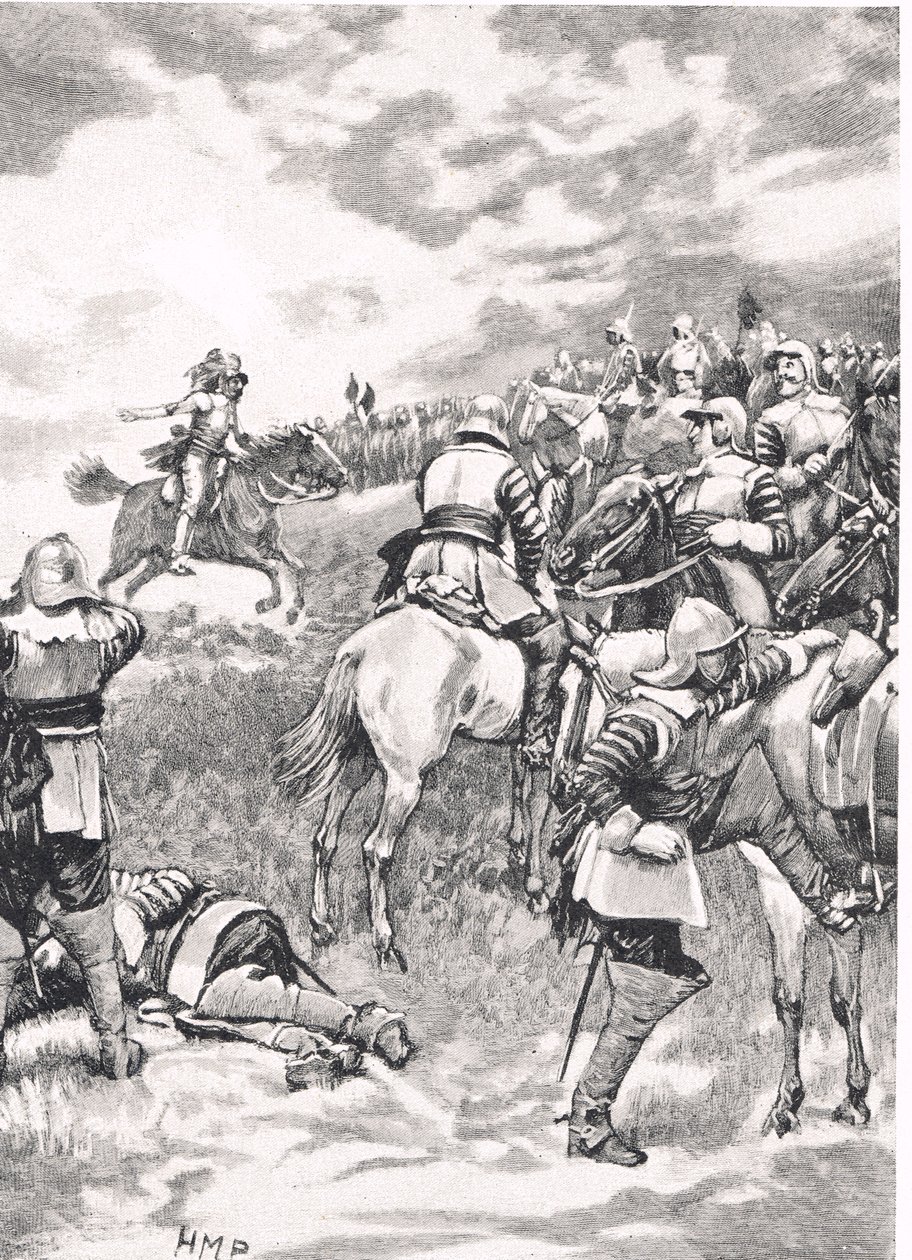 Karl I i slaget vid Naseby den 14 juni 1645, illustration från "British Battles on Land and Sea", utgiven av Cassell, London, omkring 1910. av Henry Marriott Paget
