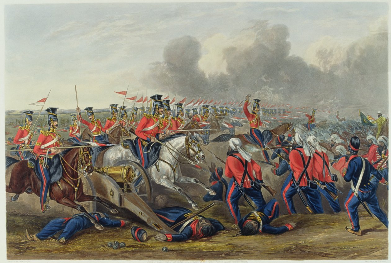 Anfallet för den 16:e (drottningens egna) lanserare vid slaget vid Aliwal den 28 januari 1846 (akvatint i färg) av Henry Martens