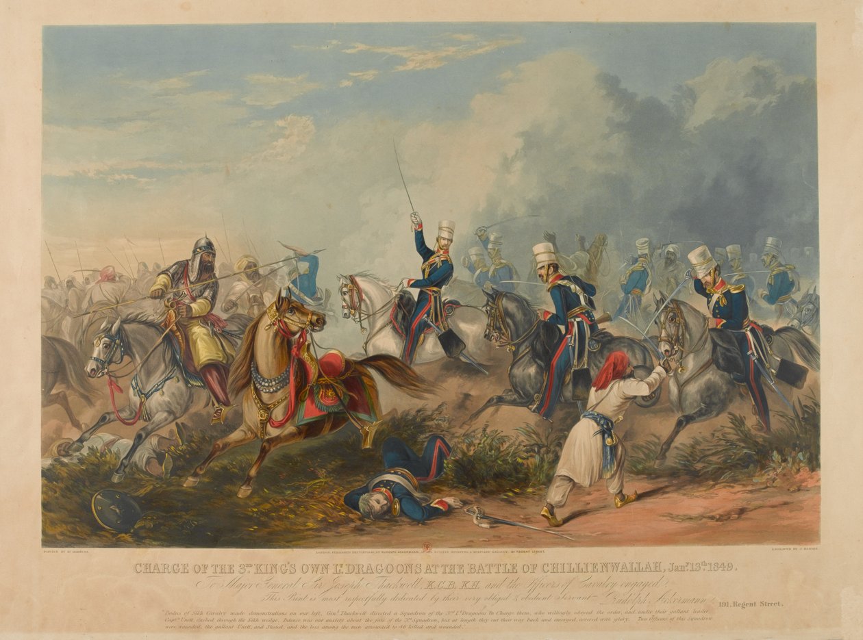 Anklagelse för den tredje kungens egna lätta dragoner vid slaget vid Chillianwala den 13 januari 1849, graverad av J. Harris, 1849 (färgad akvatint) av Henry Martens