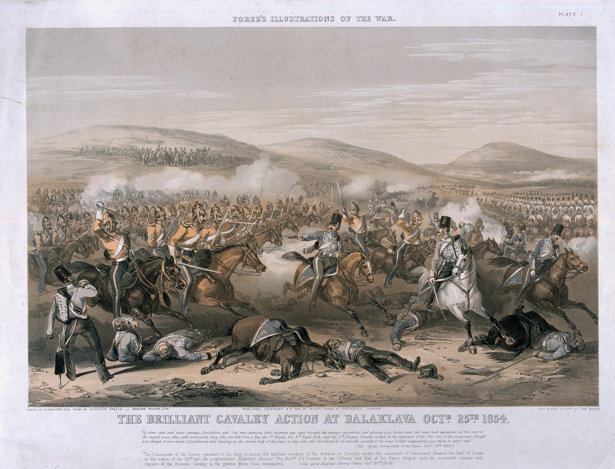 The Brilliant Cavalry Action at the Battle of Balaclava, 25 oktober 1854, graverad av Edmund Walker, publicerad 1854 (tonad litho) av Henry Martens