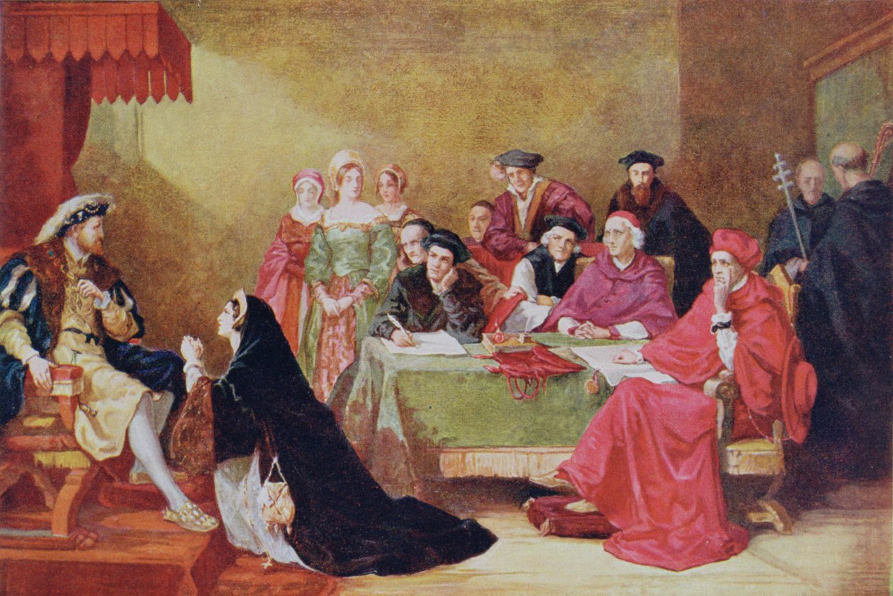 Rättegången mot Katarina av Aragon (1485-1536) illustration från "Hutchinsons berättelse om den brittiska nationen" av Henry Nelson O