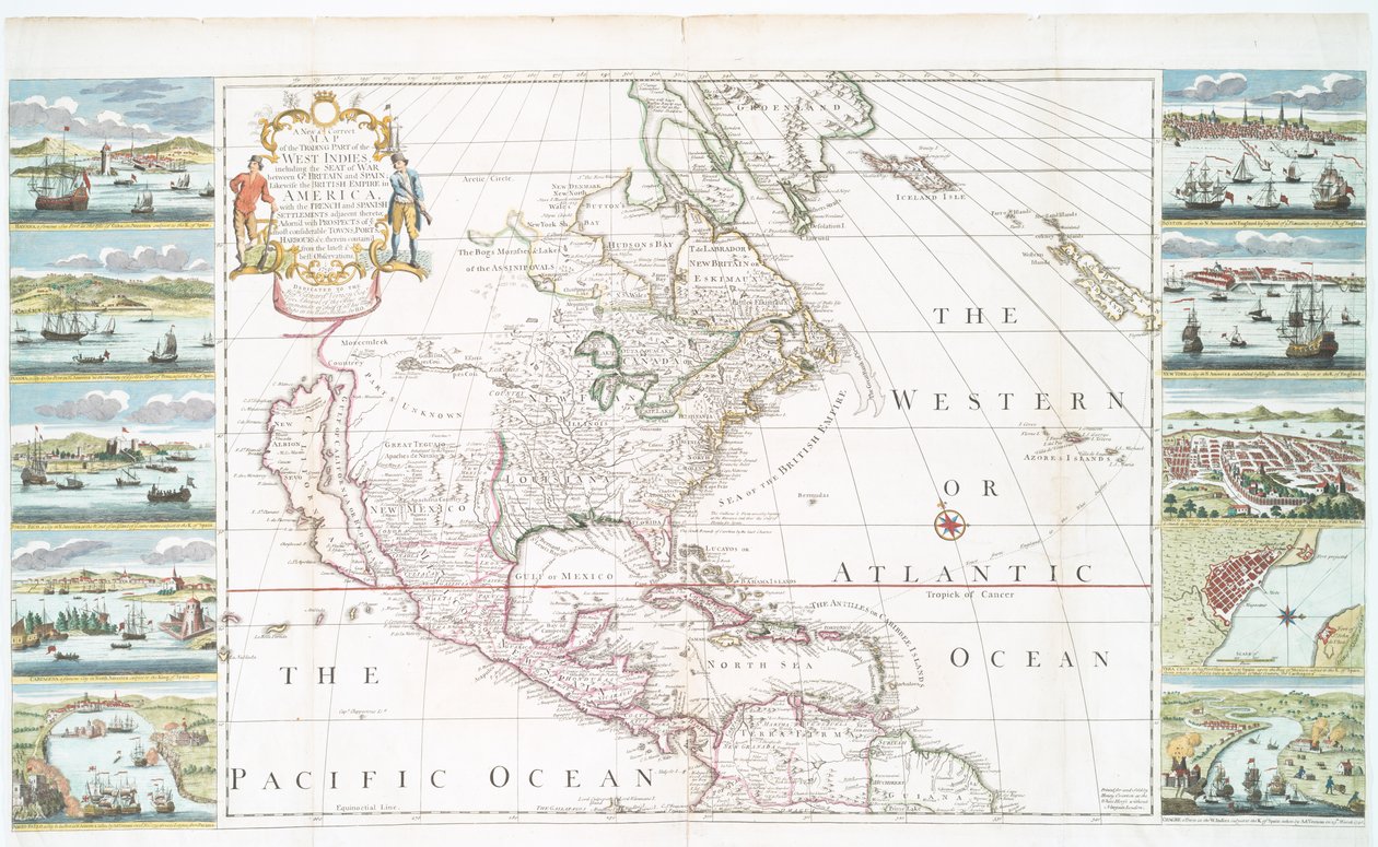 En ny och korrekt karta över handelsdelen av Västindien, 1741 (handfärgat tryck) av Henry Overton