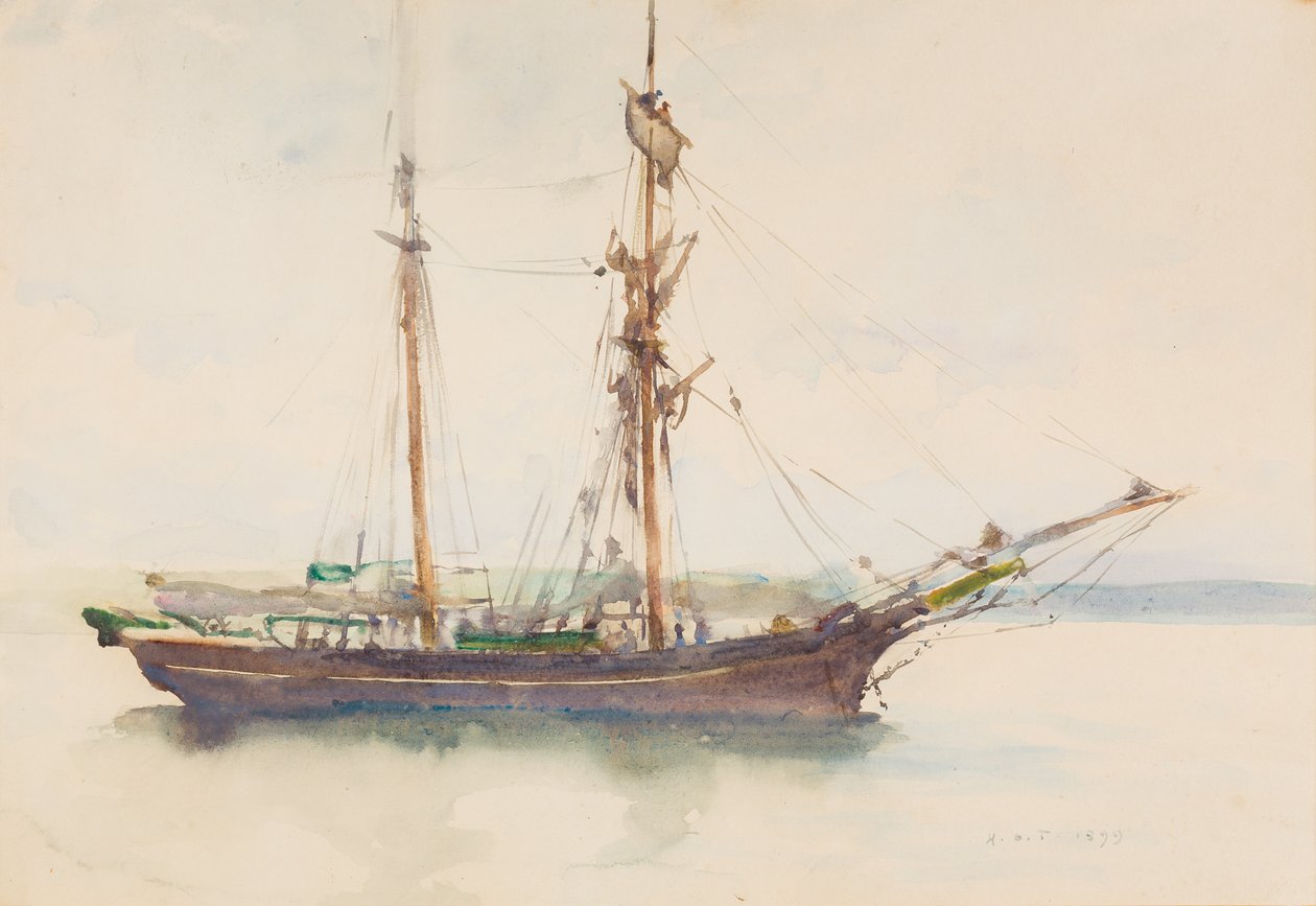 Bark med nedfällda segel (wc på papper) av Henry Scott Tuke