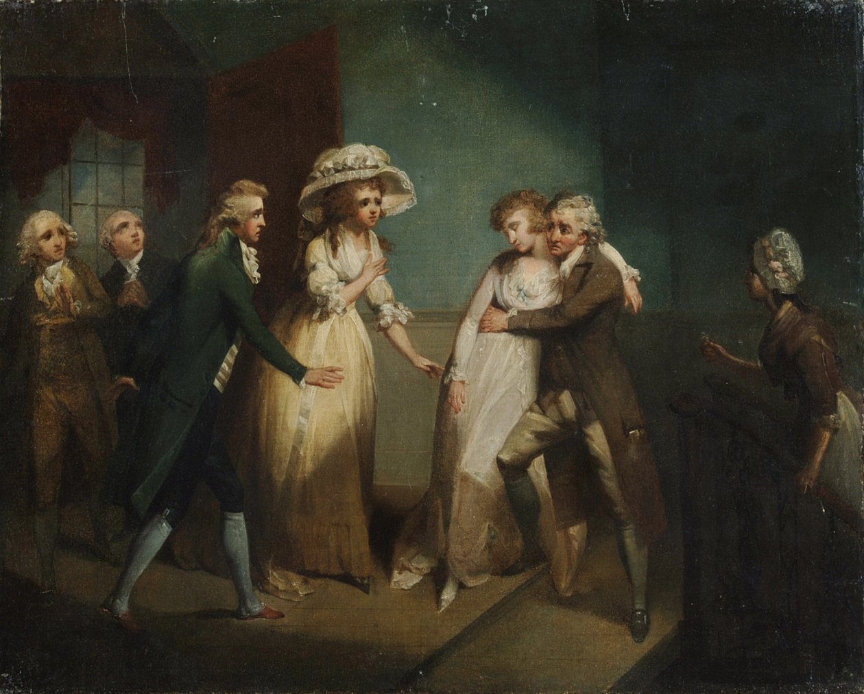 Camilla svimmar i famnen på sin far, illustration av en scen från "Camilla", eller "En bild av ungdomen", publicerad 1796 av Henry Singleton