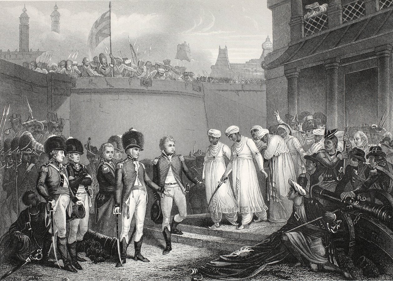 The Surrender of Two Sons of Tippoo Sultaun, graverad av A.H. Payne av Henry Singleton