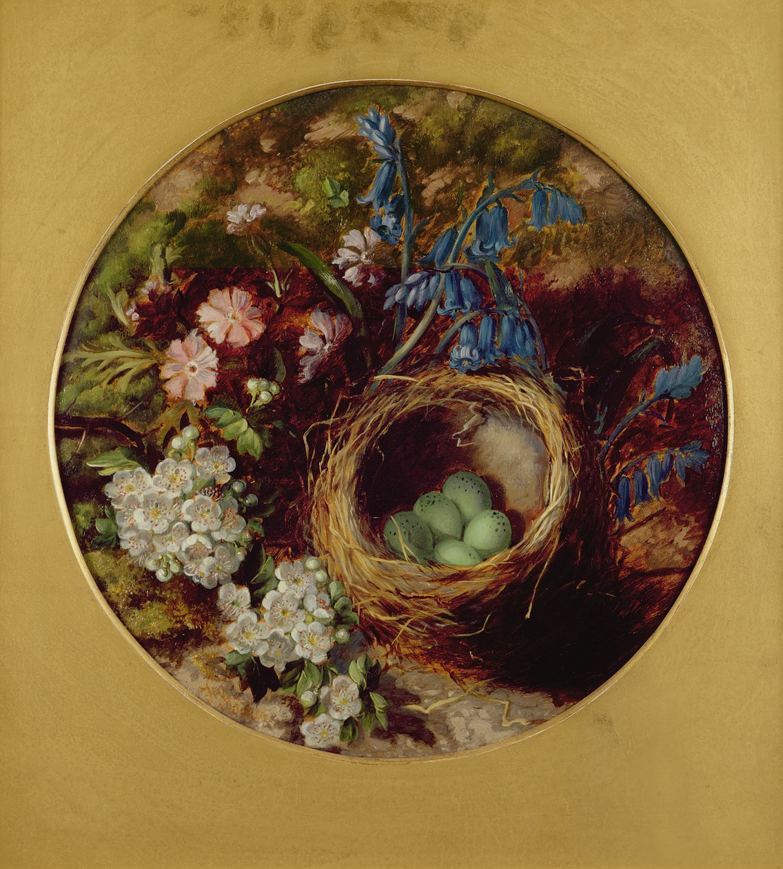 Ett stilleben med fågelbo, blommor och blåklockor av Henry Stanier
