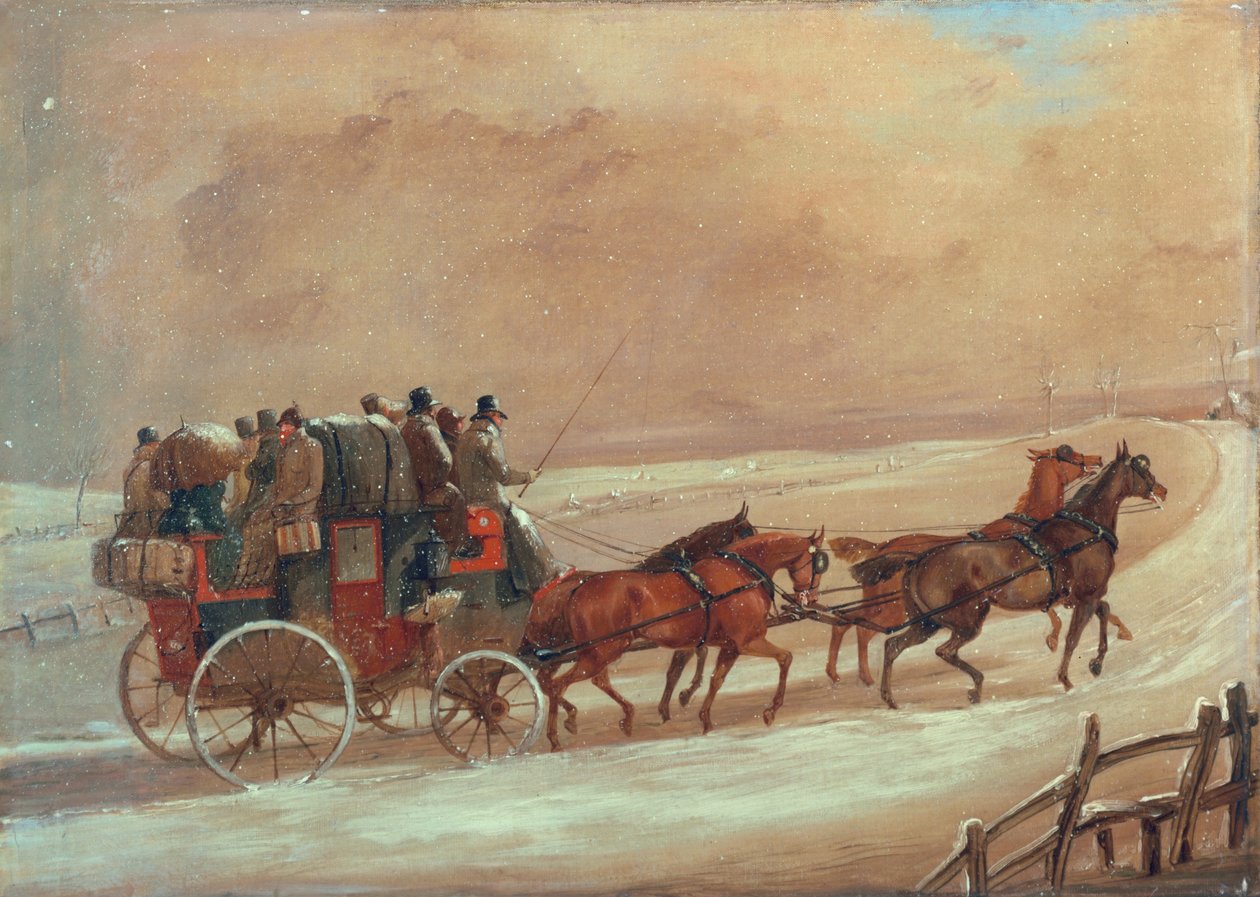 Manchester - London Coach i vinter, ungefär tidigt 1800-tal av Henry Thomas Alken