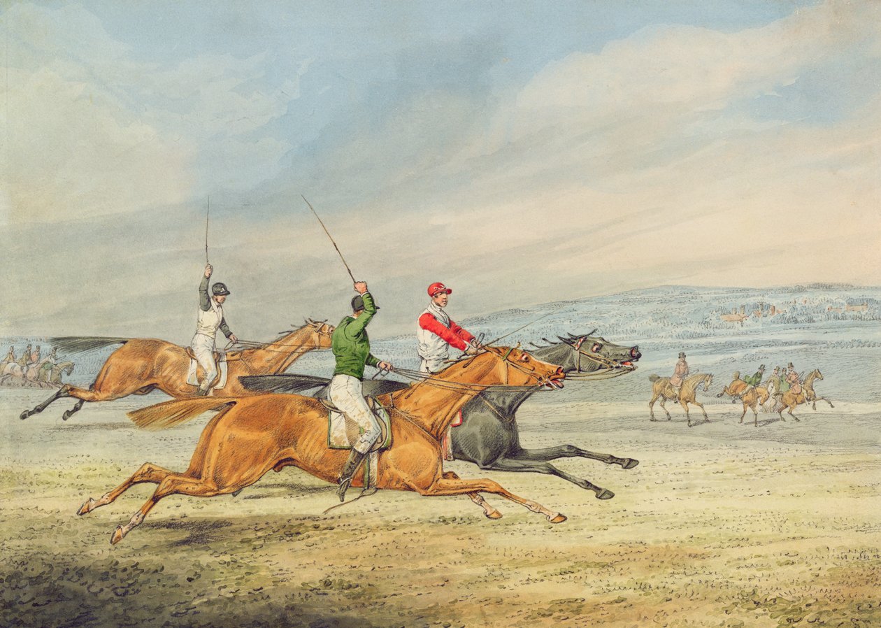 Steeplechasing: Tre ryttare galopperar till höger, monterade åskådare i bakgrunden (grafit och wc på papper) av Henry Thomas Alken