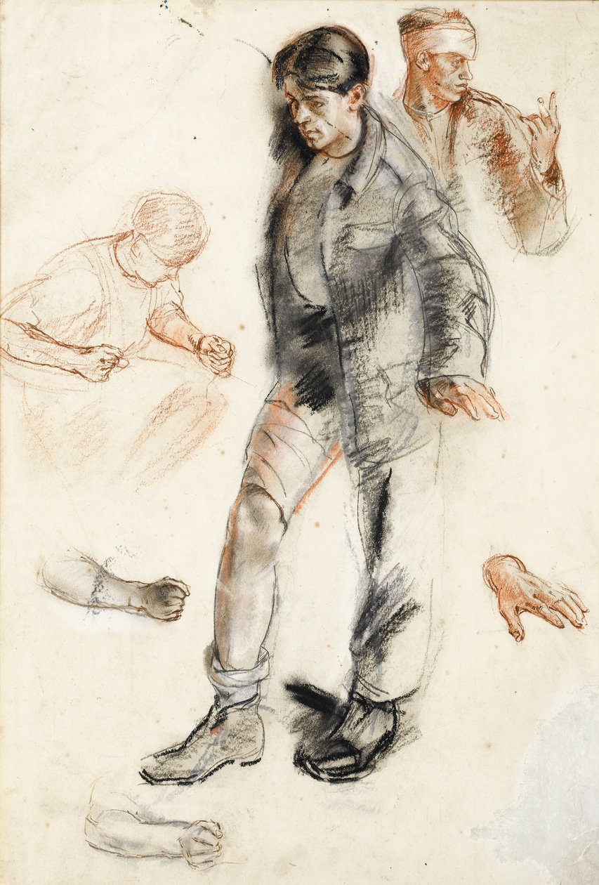 Studie för en avancerad förbandsstation i Frankrike, 1918 (penna och bläck med svart och röd krita på papper) av Henry Tonks