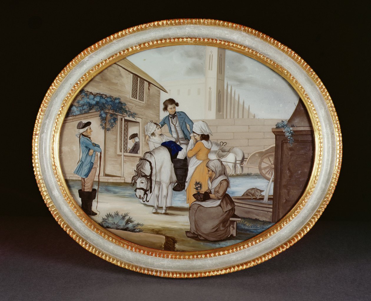 En omvänd glasmålning som visar en avskedsscen utanför en taverna, Qianlong-perioden (1736-95) ca 1790 (glas). av Henry W. Banbury