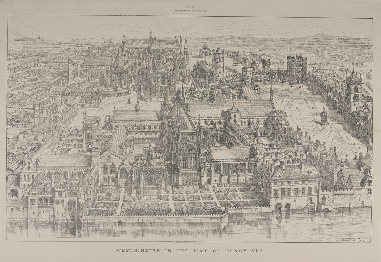 Flygfoto över Westminster Abbey och Palace of Westminster på Henry VIII:s tid, 1884 av Henry William Brewer