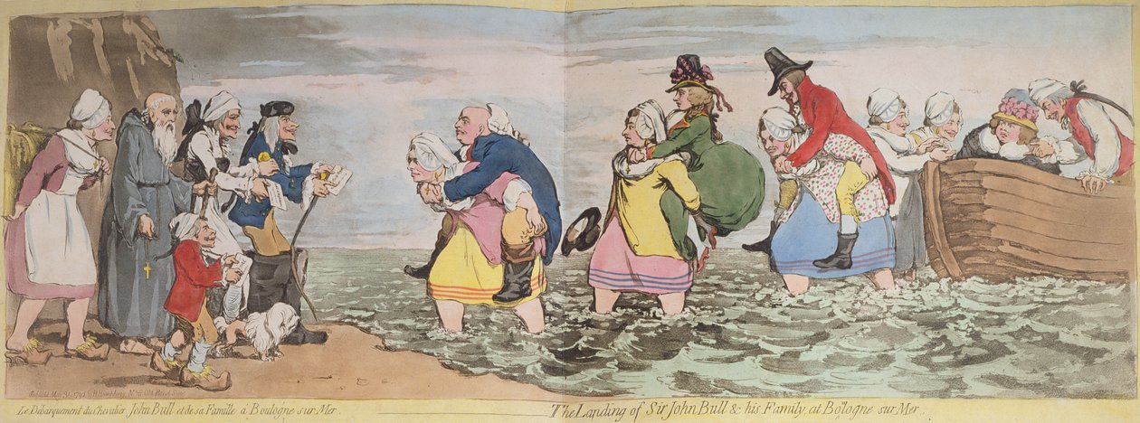 Le Debarquement du Chevalier John Bull och hans familj i Boulogne sur Mer, eller Sir John Bulls landning och hans familj i Bologne sur Mer, graverad av James Gillray (1756-1815) utgiven av Hannah H av Henry William Bunbury