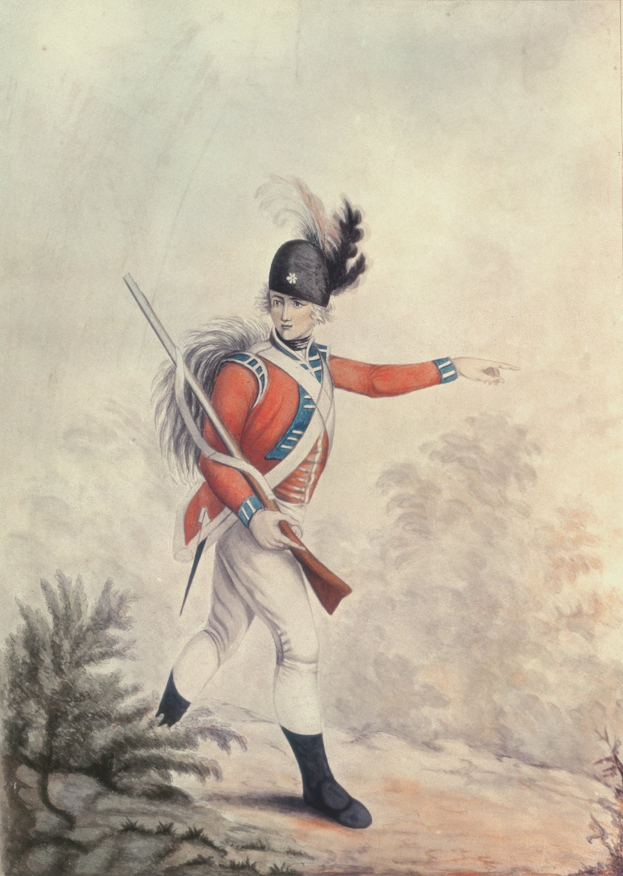 Lätt infanterist, målning för Soiron-stickningen som publicerades av Thomas Macklin, 20 juli 1791. av Henry William Bunbury
