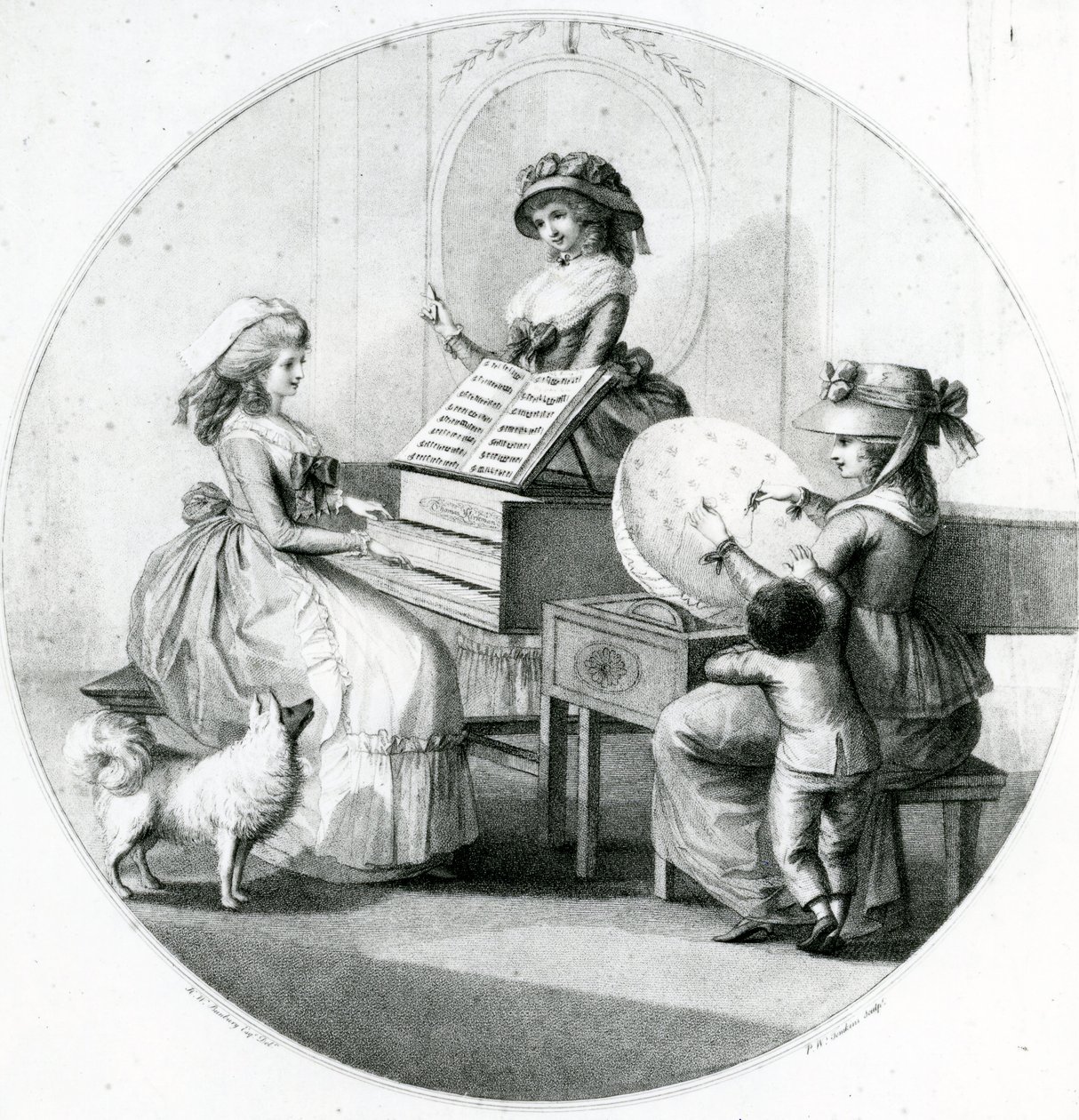 Morgonsysselsättningar, tre unga flickor med spinet och broderi av Henry William Bunbury