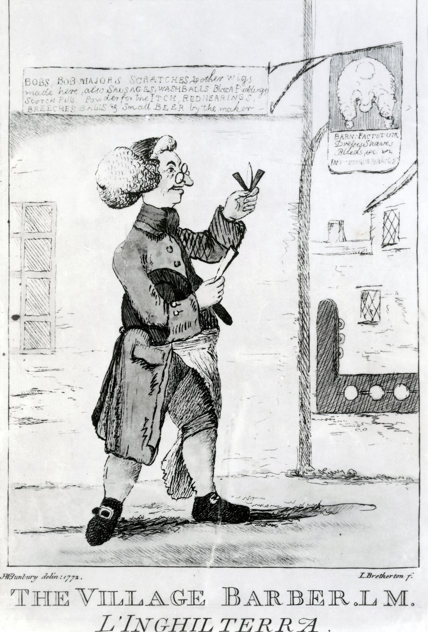 The Village Barber L. M. Inglaterra, graverad av James Bretherton (1750-99), 1772 av Henry William Bunbury