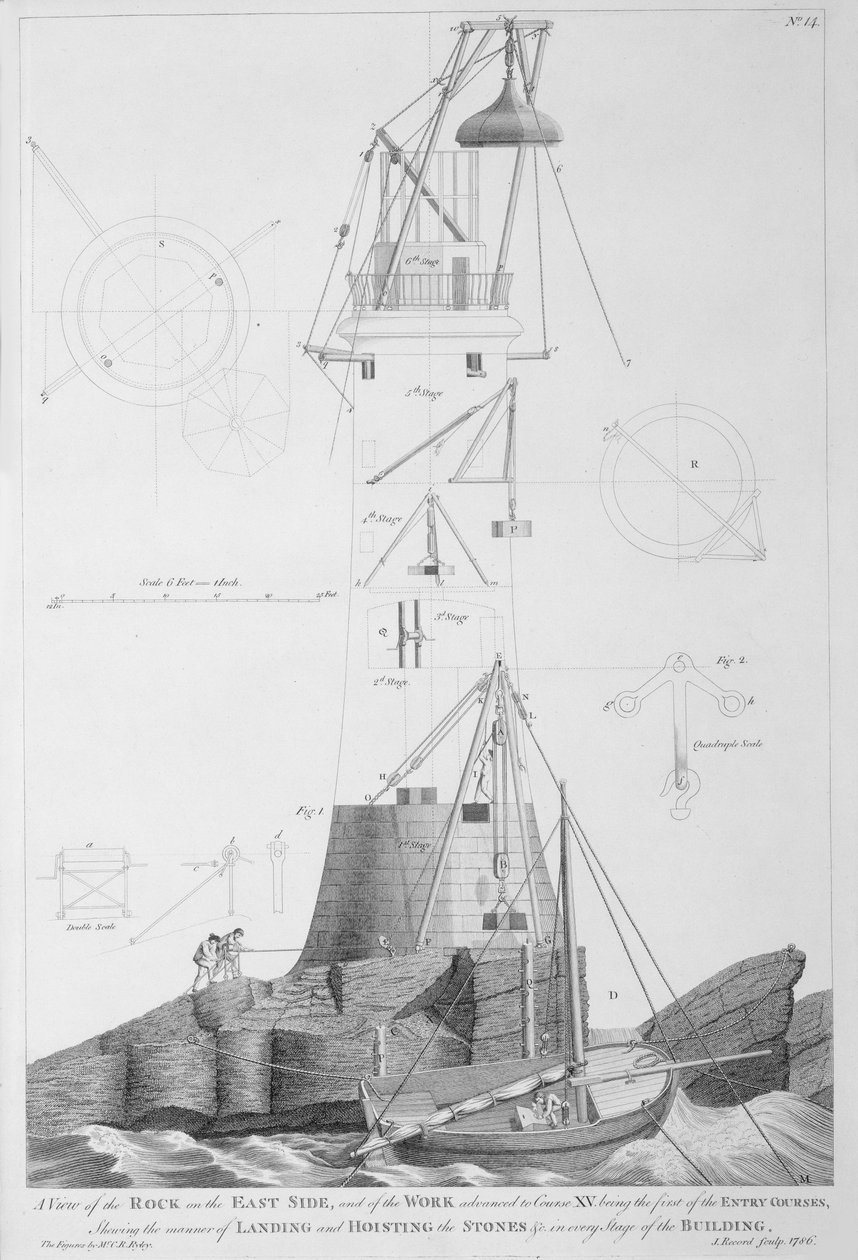 Edystone Lighthouse graverad av John Record (fl.1768-86), 1786 av Henry Winstanley