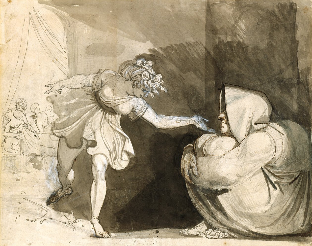 Galinthias överlistar Eileithyia genom att tillkännage Herakles födelse (Verso: Portrait Of Mrs. Fuseli) (grafit-, bläck- och bläcktvättar förhöjda med vitt på vitt papper) av Henry (1741 1825) Fuseli