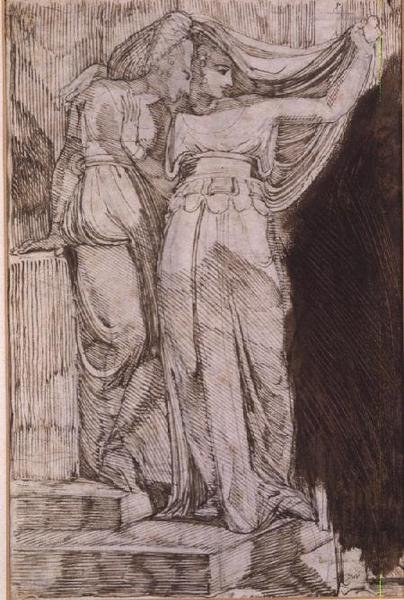 Två kvinnliga figurer som står på trappor, Rom, maj 1787 av Johann Heinrich Füssli