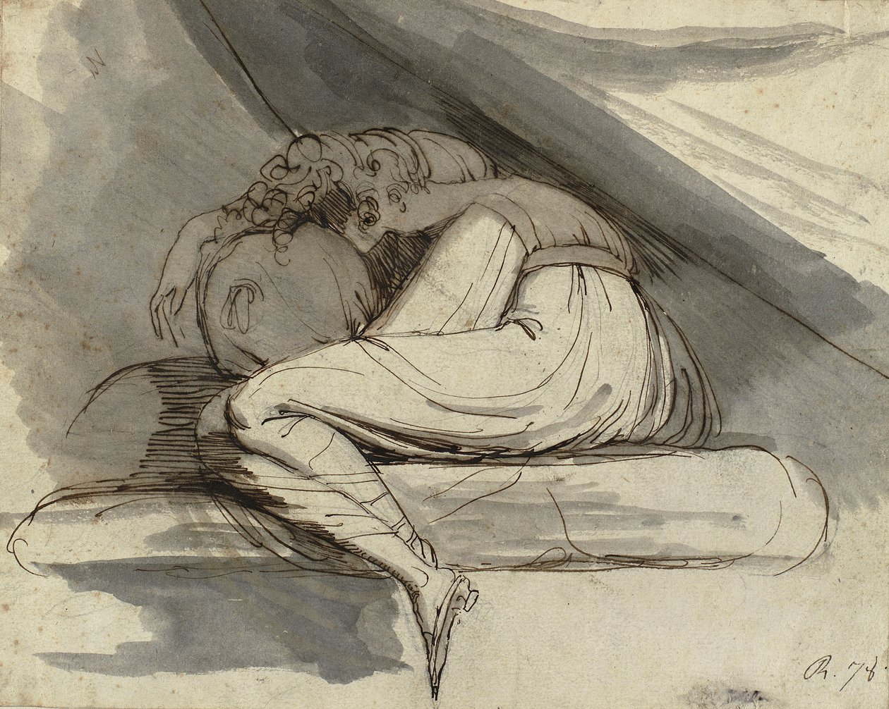 Kvinna som sitter, uppkrupen, efter 1778 (Blyertspenna, penna, brunt bläck och grått tvätt) av Henry  Fuseli
