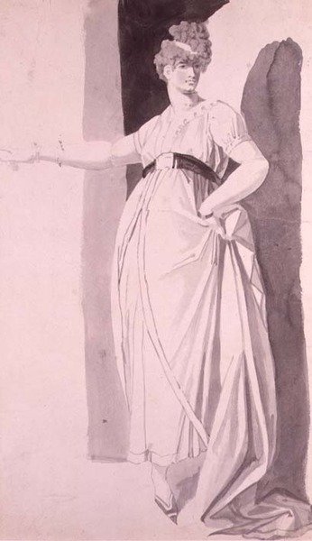 Ung kvinna med utarbetad frisyr stående med utsträckt höger arm (penna & tvätt) av Johann Heinrich Füssli