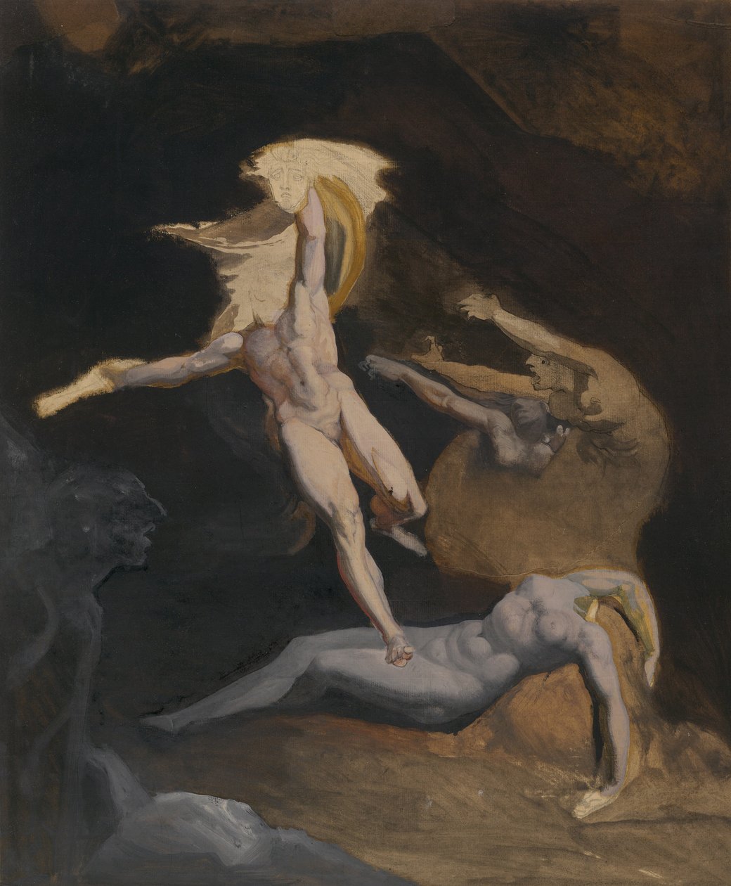 Perseus Slaying the Medusa (olja & oljetvätt, över grafit med inslag av penna och svart bläck, på brunt papper, lagt ner på benvitt japanskt papper) av Henry (1741 1825) (attr.to) Fuseli