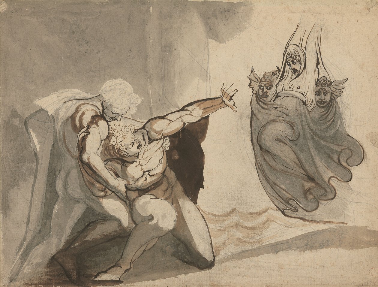 The Vision of Orestes (penna  bläck med grafit  lavering på papper) av Henry (1741 1825) Fuseli