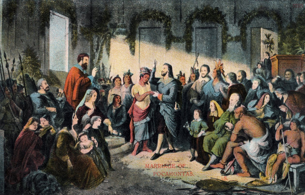 Giftermålet mellan Pocahontas och John Rolfe i Jamestown 1614 av Henry (after) Brueckner