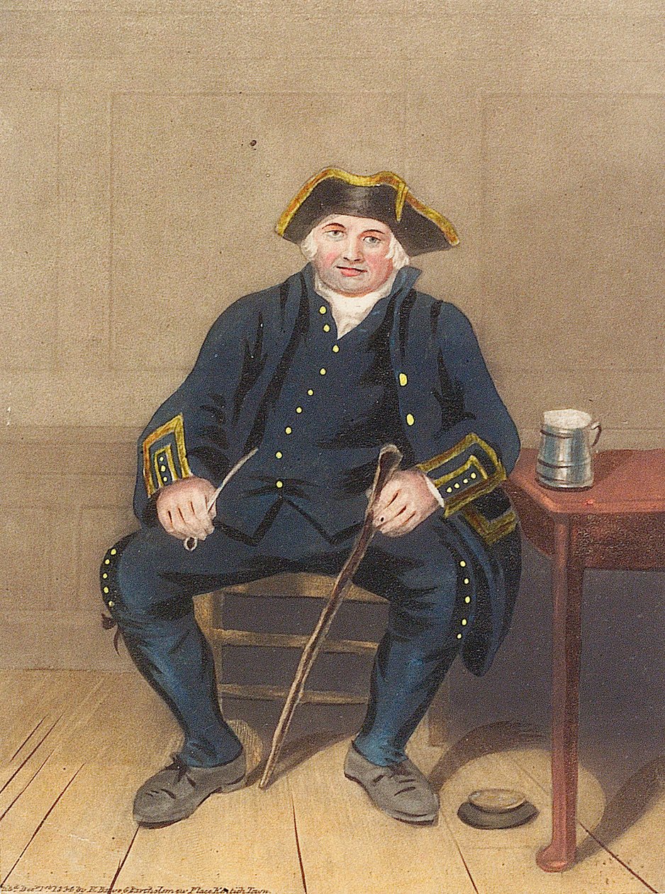 Porträtt av pensionär från Greenwich, sittande med lerpipa och tank (akvatint) av Henry (after) Dawe
