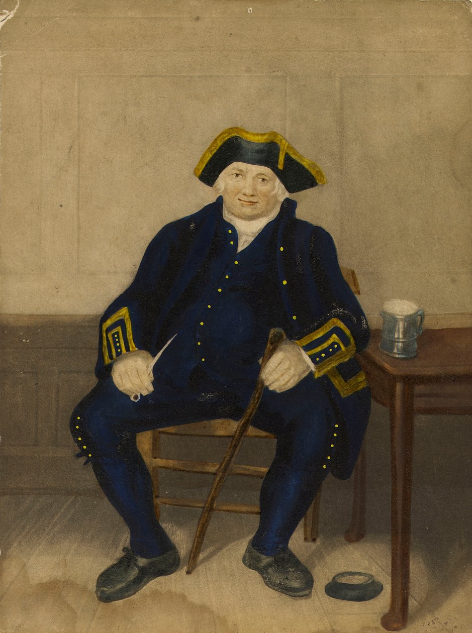Porträtt av pensionär från Greenwich, sittande med lerpipa och tank (akvatint) av Henry (after) Dawe