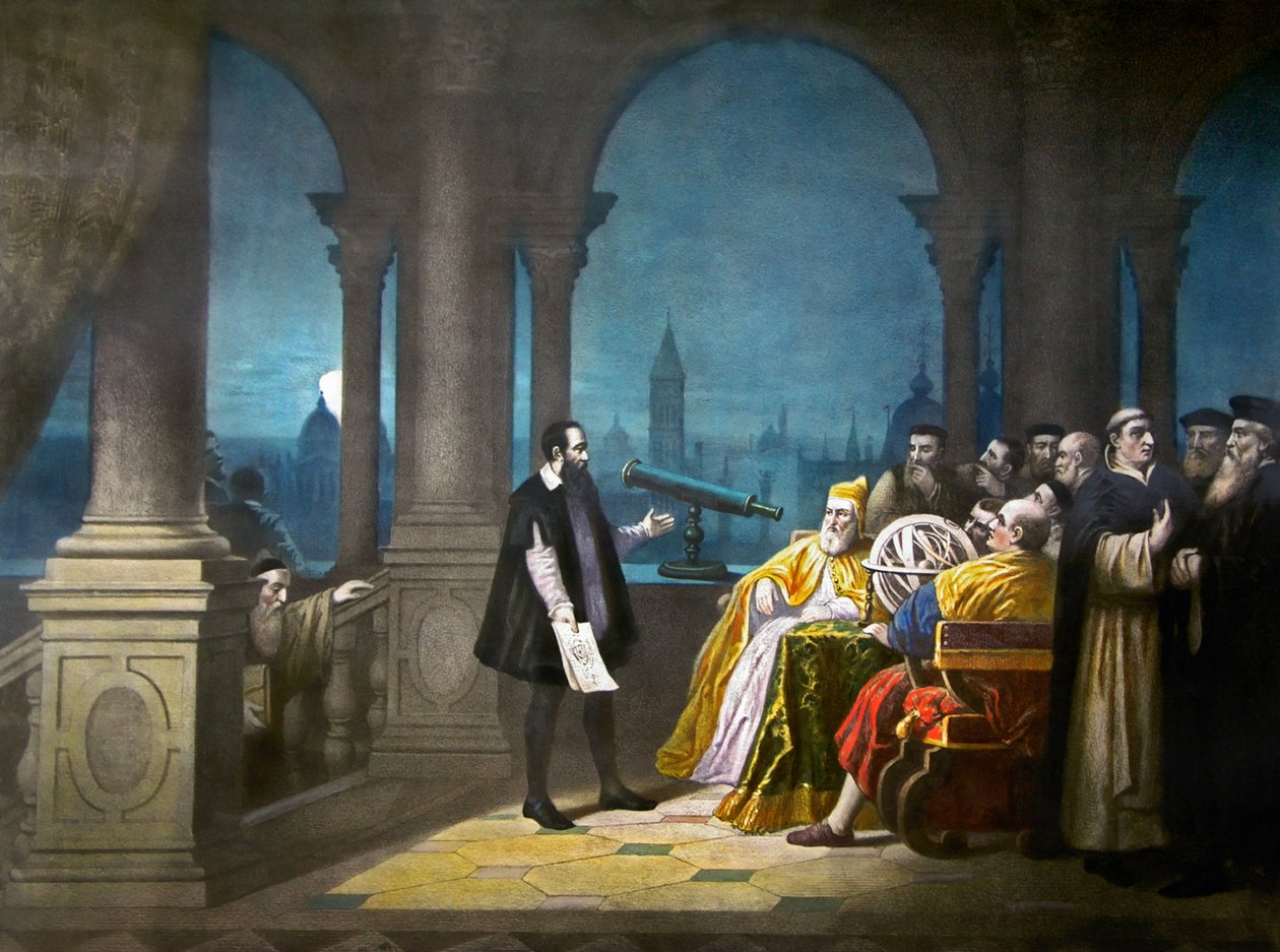 Galileo Galilei demonstrerar sitt teleskop för Leonardo Donato, Venedigs doge, och den venetianska senaten 1609, ca 1900 (litografi) av Henry (after) Detouche