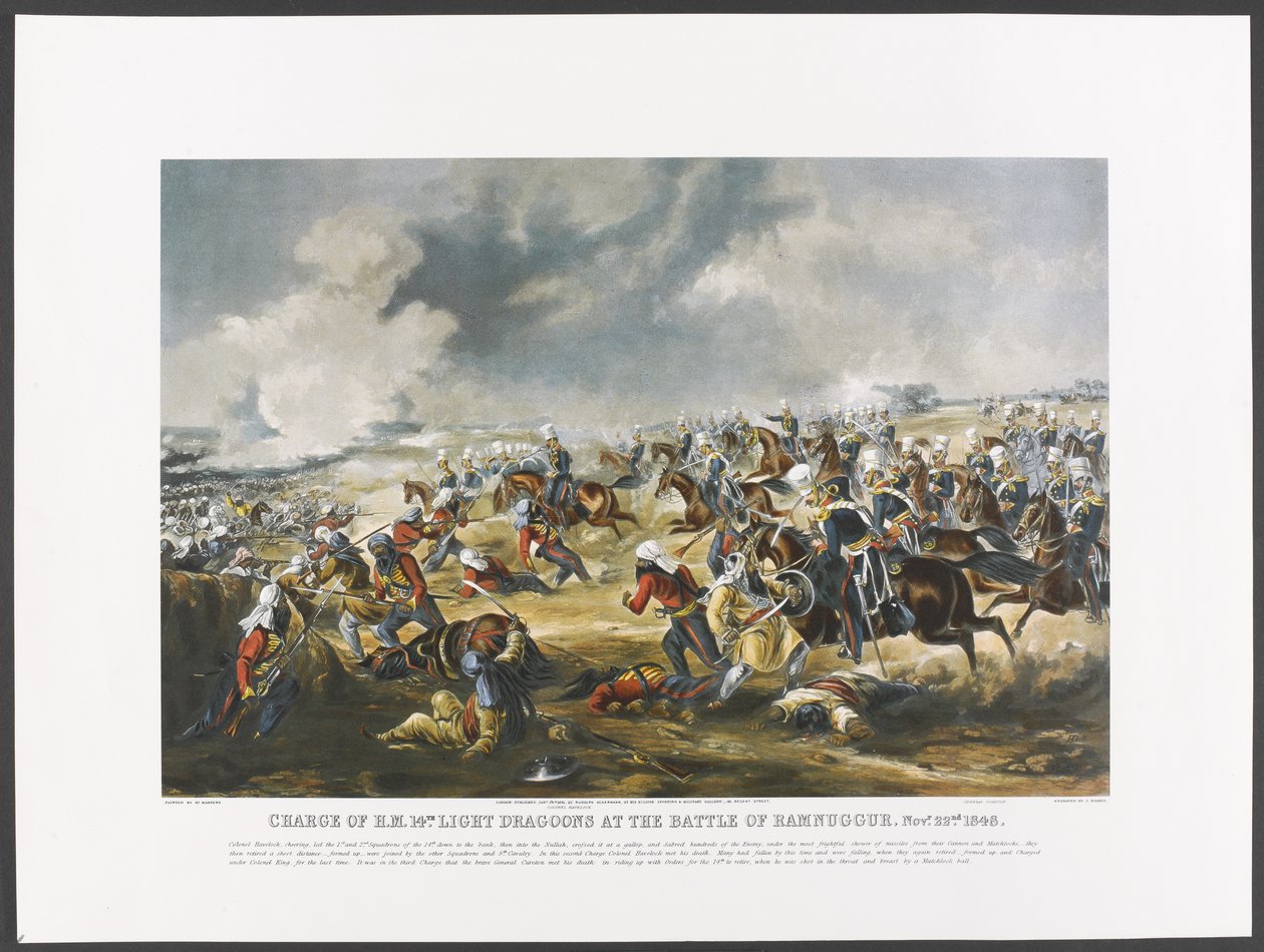 Åtal mot H.M. 14:e lätta dragonerna vid slaget vid Ramnuggur, 22 november 1848, graverade av J. Harris, ca 1851 (fotolito i färg) av Henry (after) Martens