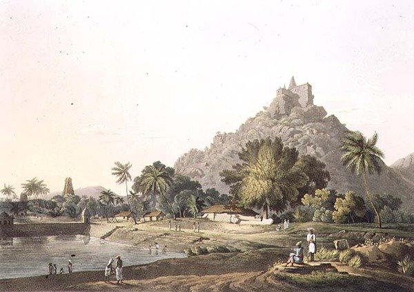 Pagoder at Trinchicunum, plåt XI, graverad av Daniel Havell (1785-1826) 1809 (gravyr) av Henry (after) Salt