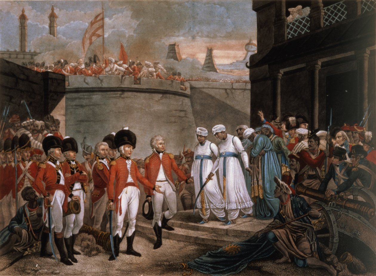 The Surrender of Two Sons of Tippoo Sahib (1749-99) som gisslan som skadestånd för kriget mot Storbritannien av Henry (after) Singleton
