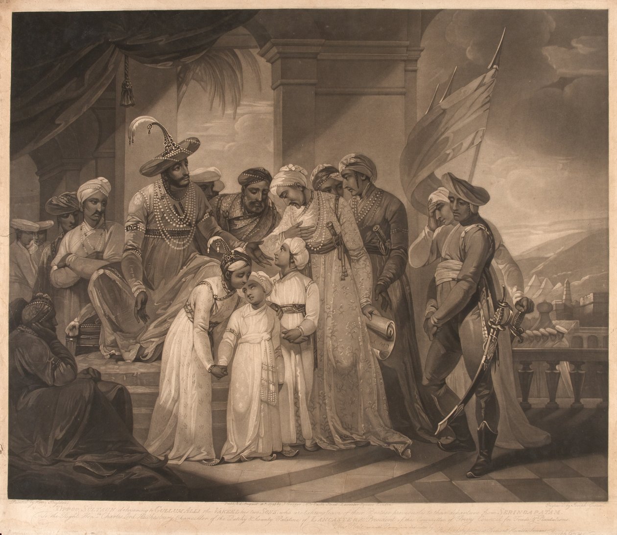 "Tippoo Sultaun levererar till Gullumalli the Vakeel sina två söner" (litografi) av Henry (after) Singleton