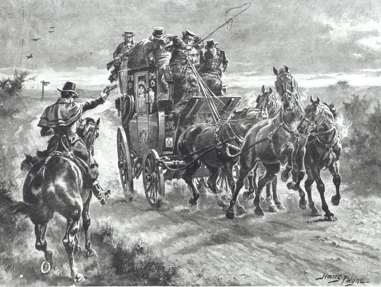"Stand and Deliver", vägman håller upp diligens i början av 1800-talet (litho) av Henry A. Payne