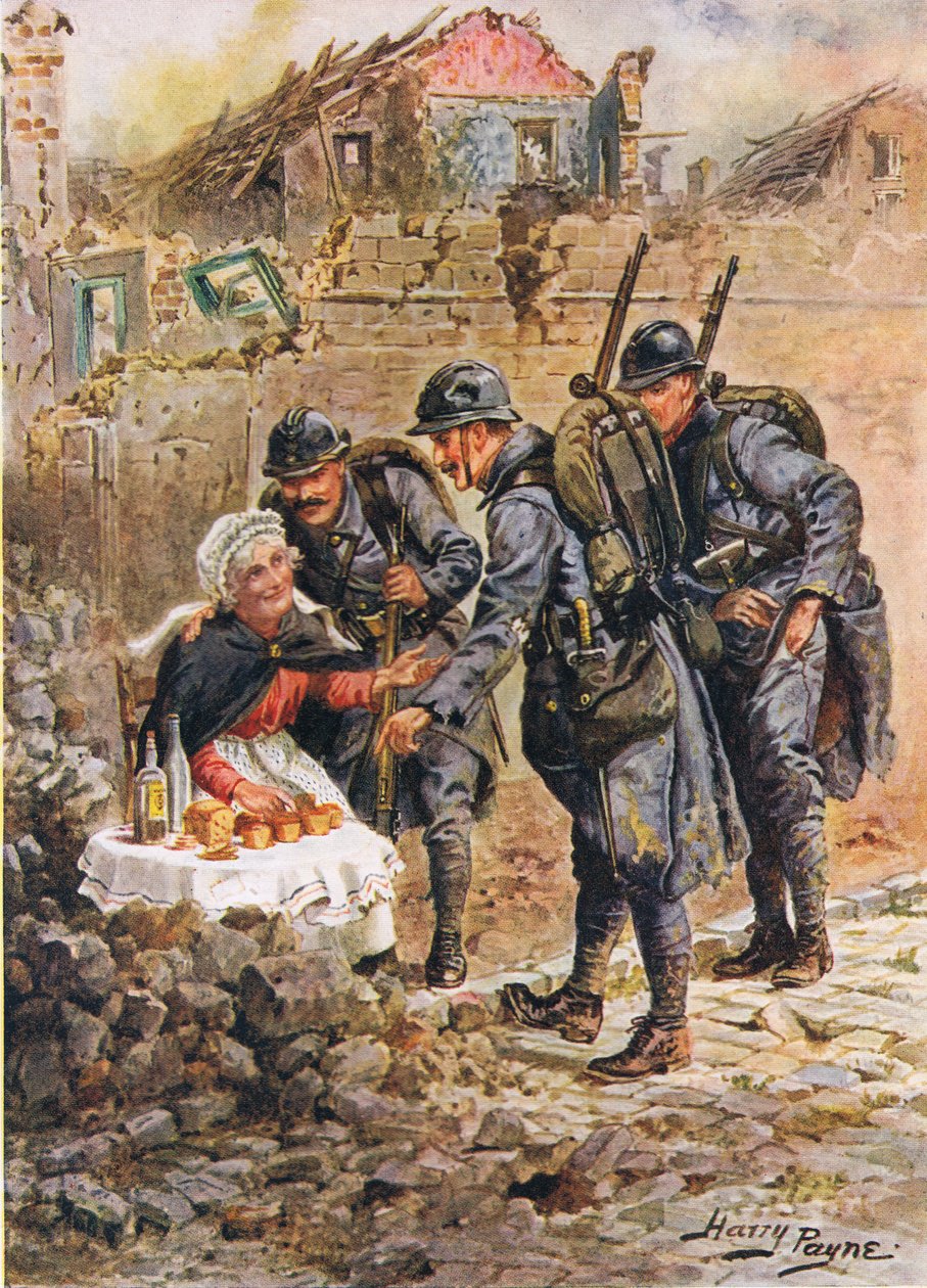 En gammal kvinna som säljer tårtor bland de fallande husen i Verdun, illustration från Brave Deeds by Brave Men av C. Sheridan Jones, pub. 1922 av Henry A. 1868 1940 Payne