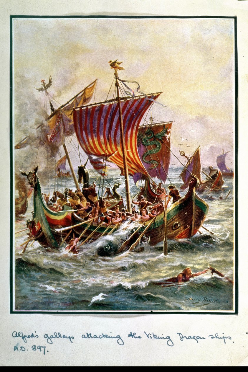 Alfreds galärer attackerar vikingadragens skepp, 897 AD, illustration från 