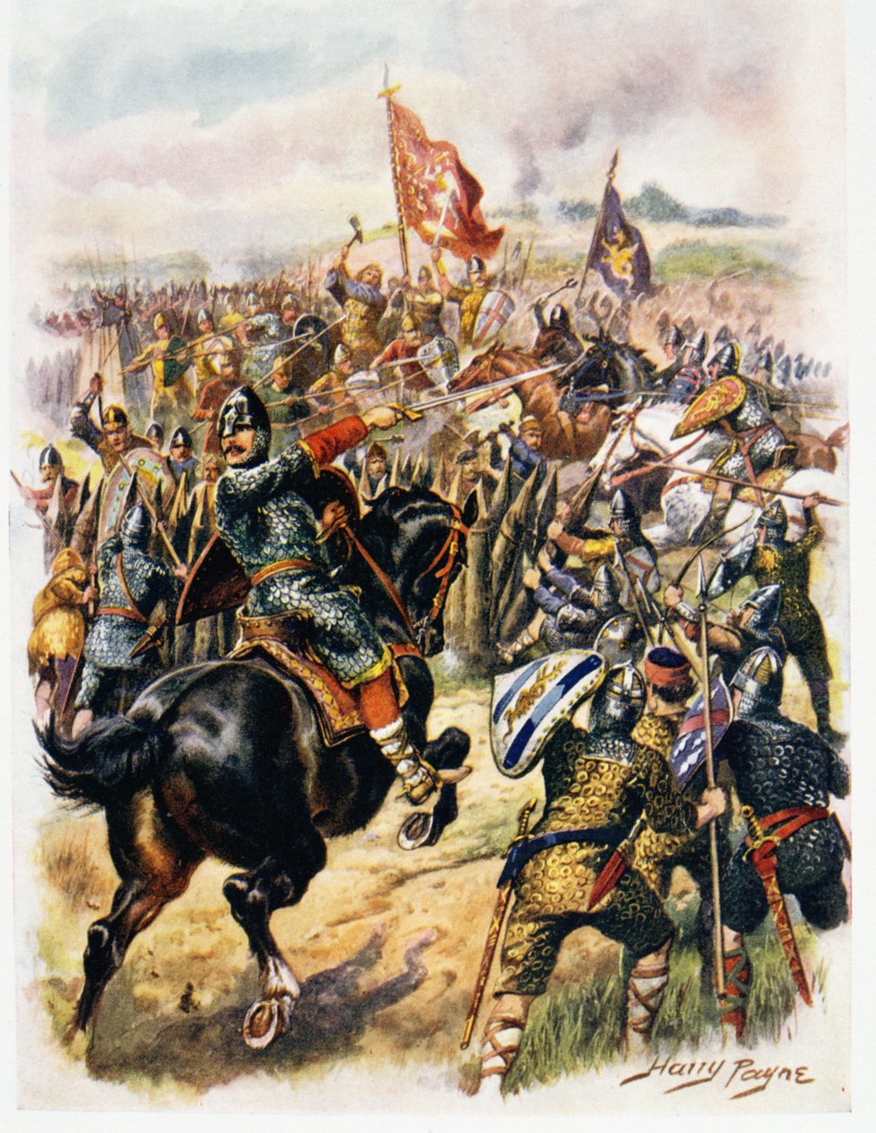 Harolds (ca 1022-66) sista strid, illustration från "Glorious Battles of English of English History" av major C.H. Wylly. av Henry A. Payne