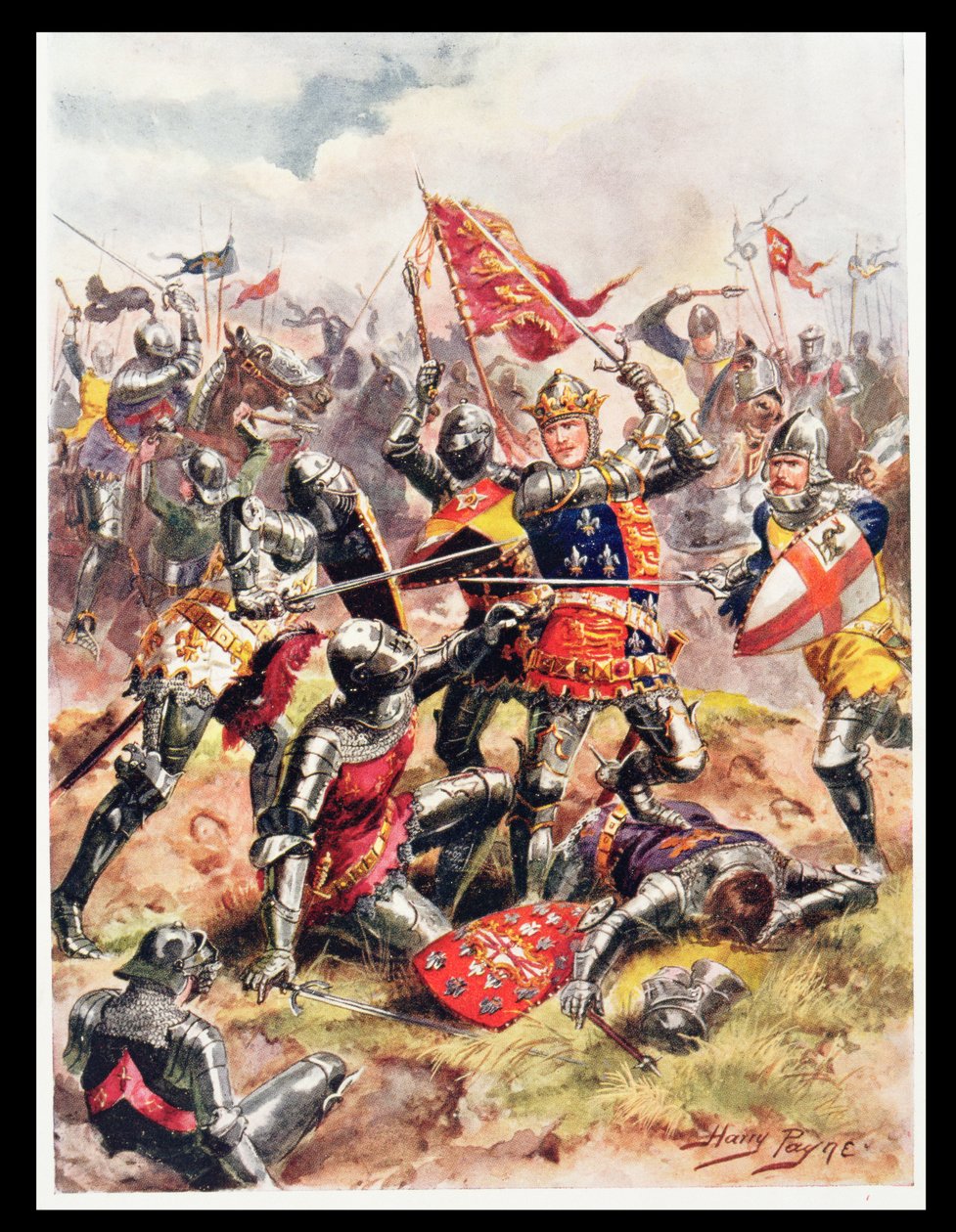 Kung Henrik V (1387-1422) Fights with Heroic Valour, illustration från "Glorious Battles of English History" av major C.H. Wylly, 1920-talet av Henry A. Payne