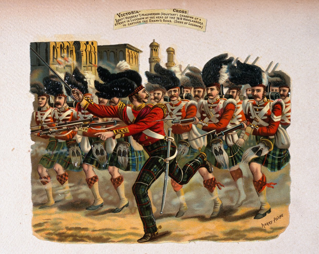 Löjtnant Herbert T. Macpherson rusar uppför en gata i Lucknow i spetsen för 78th Highlanders, från en serie med titeln "Victoria Cross Gallery, 1854-84", publicerad 1890 av Henry A. Payne