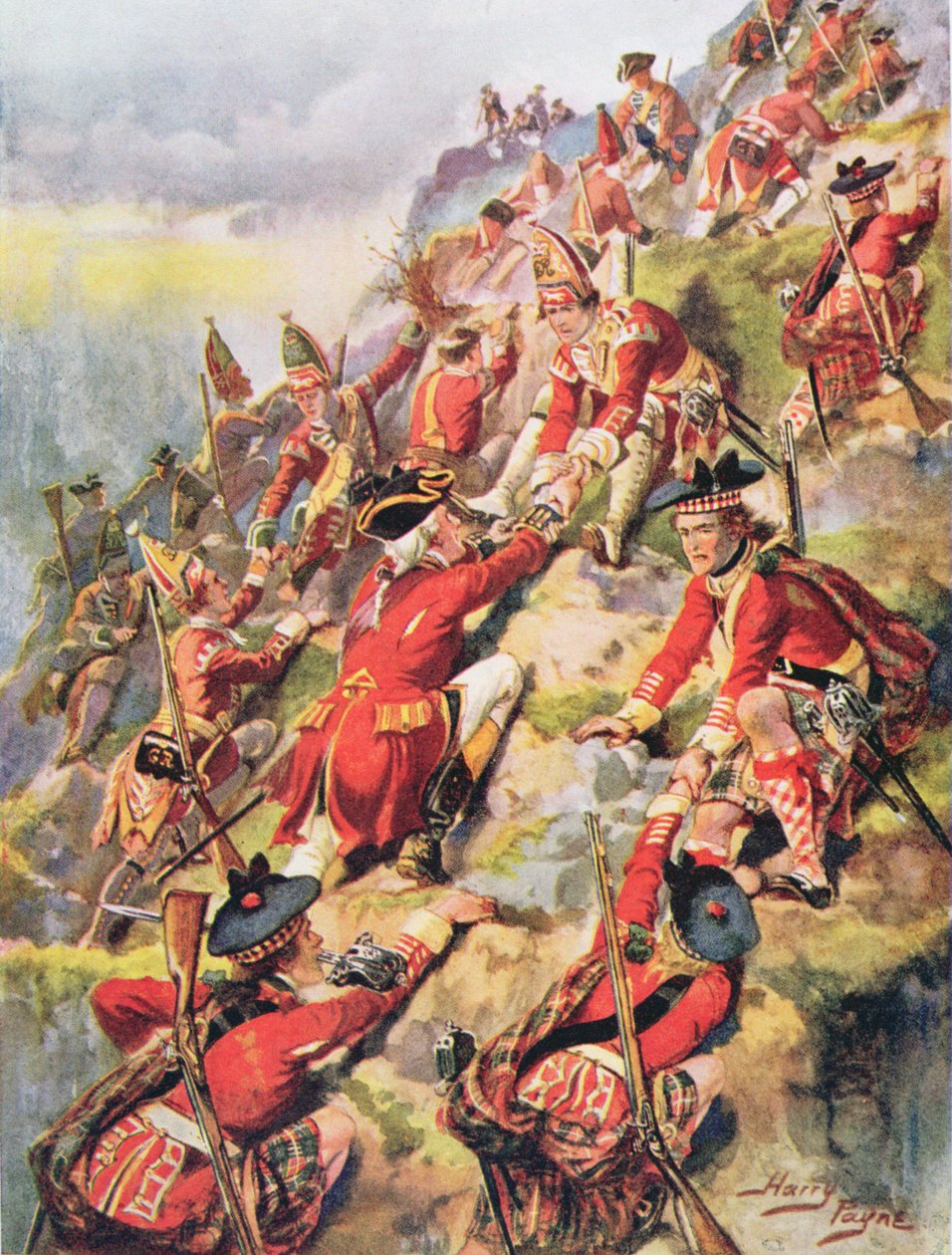 Scaling the Heights of Abraham, illustration från "Glorious Battles of English History" av major C.H. Wylly, 1920-talet av Henry A. Payne