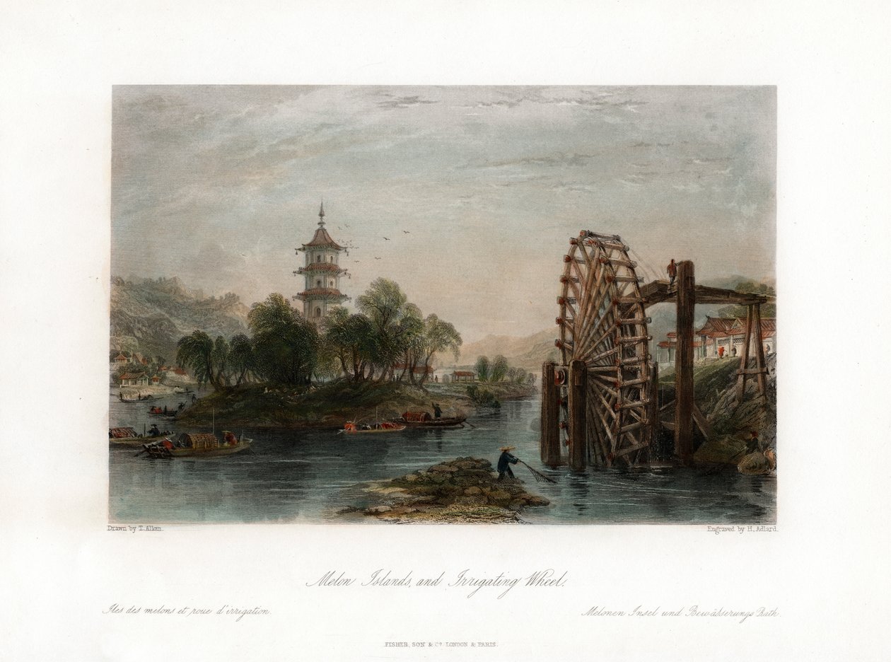 Melonöarna och bevattningshjulet, Kina, c1840. av Henry Adlard